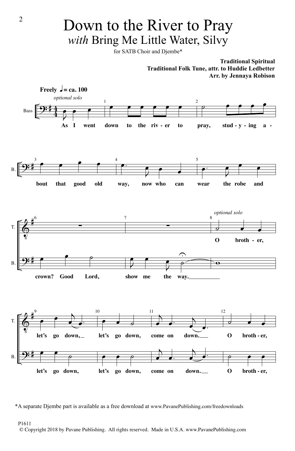 Huddie Ledbetter Down To The River To Pray (with Bring Me Little Water, Silvy) (arr. Jennaya Robison) sheet music notes and chords arranged for SATB Choir