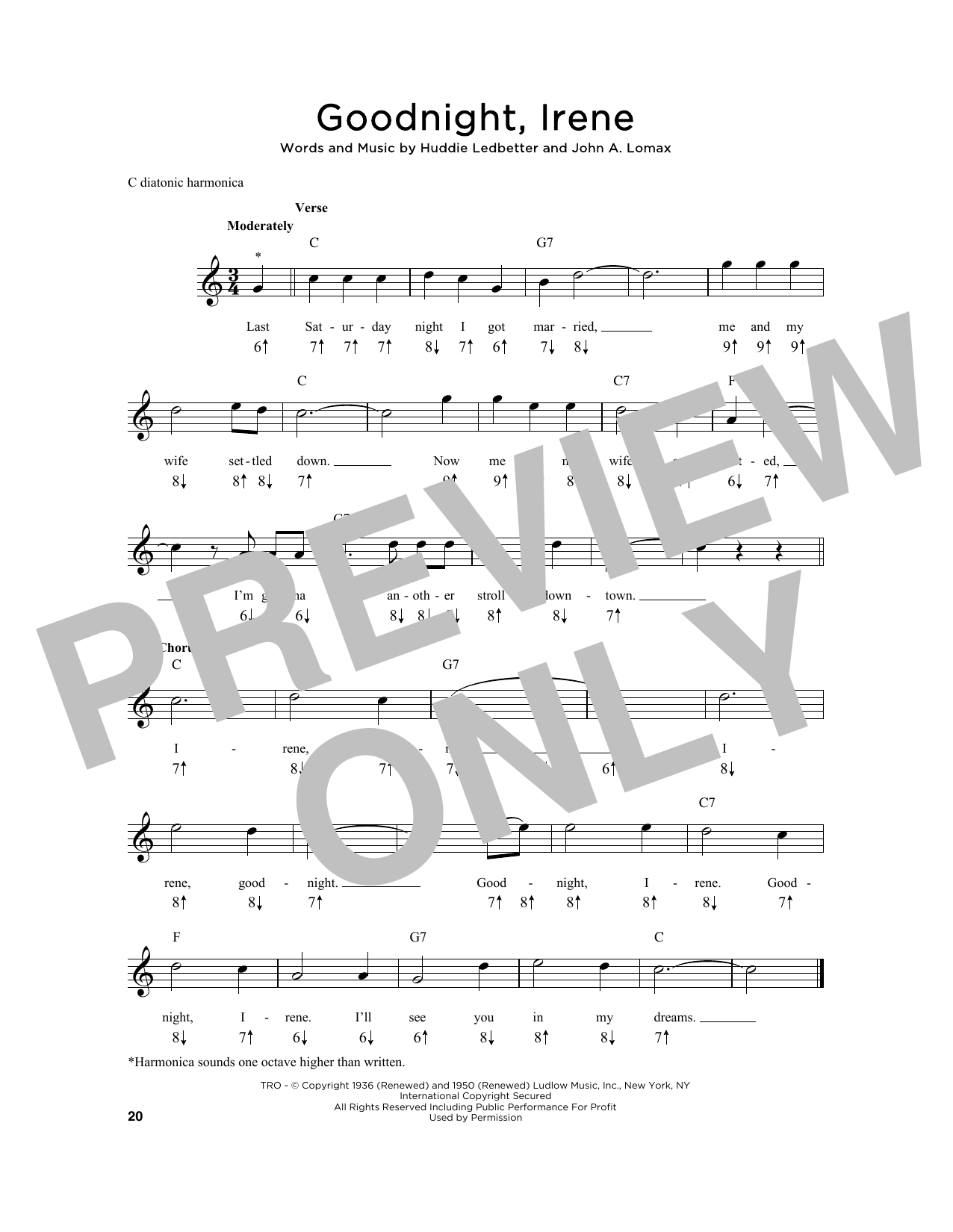 Huddie Ledbetter Goodnight, Irene sheet music notes and chords arranged for Harmonica