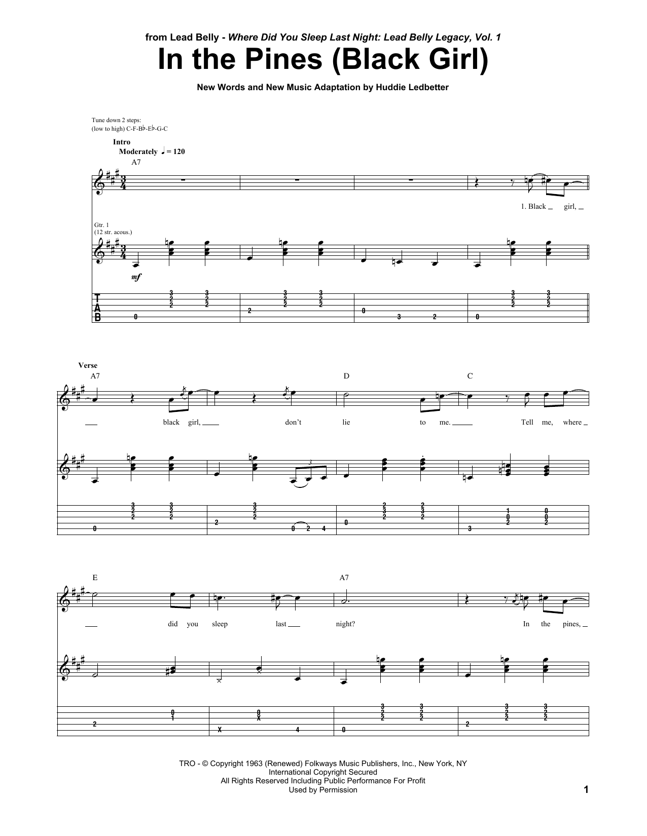 Huddie Ledbetter In The Pines (Black Girl) sheet music notes and chords arranged for Guitar Tab