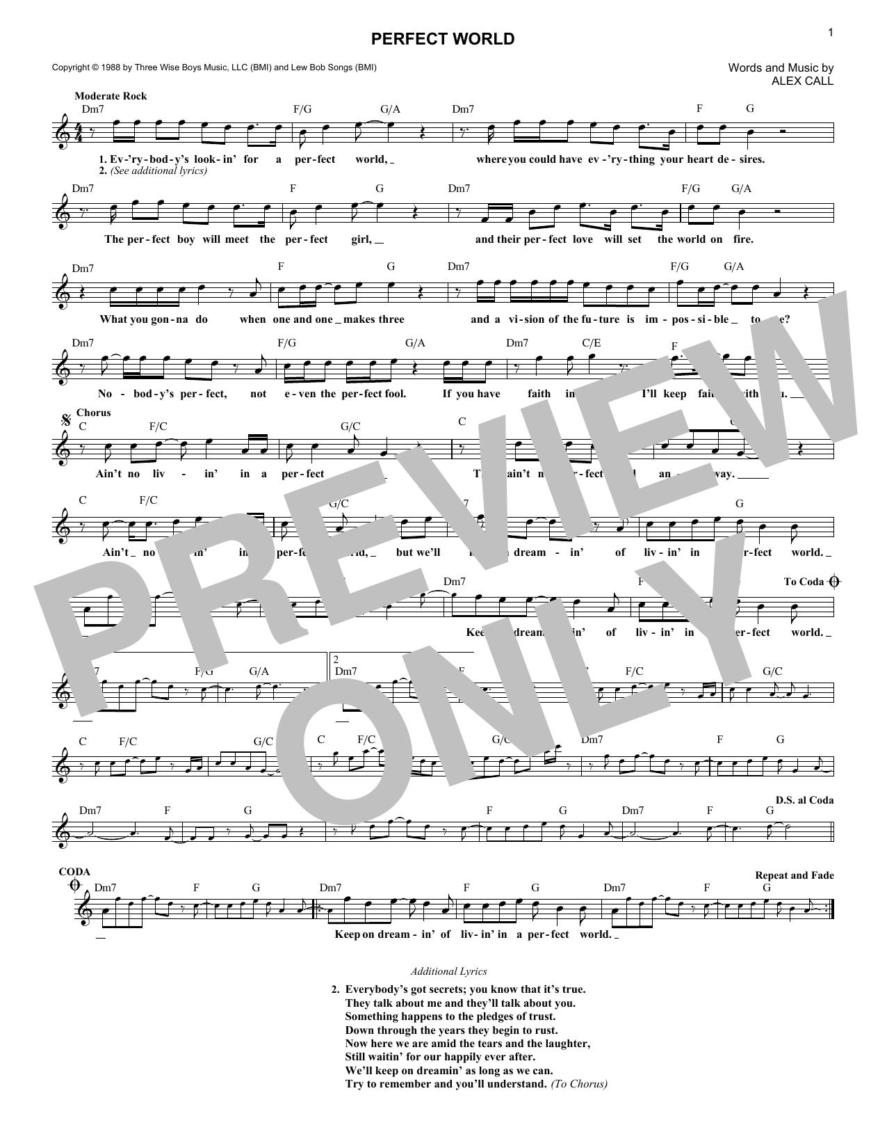 Huey Lewis & The News Perfect World sheet music notes and chords arranged for Lead Sheet / Fake Book