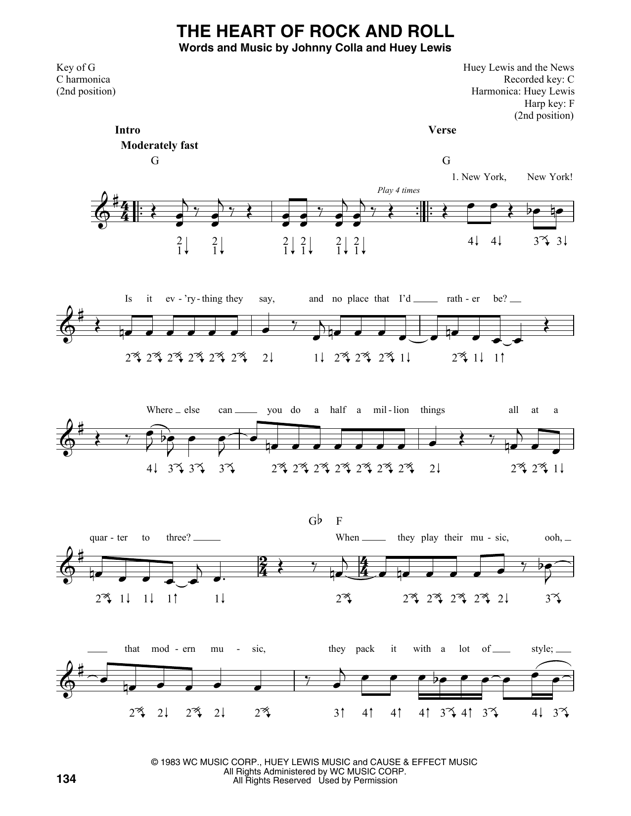 Huey Lewis & The News The Heart Of Rock And Roll sheet music notes and chords arranged for Harmonica