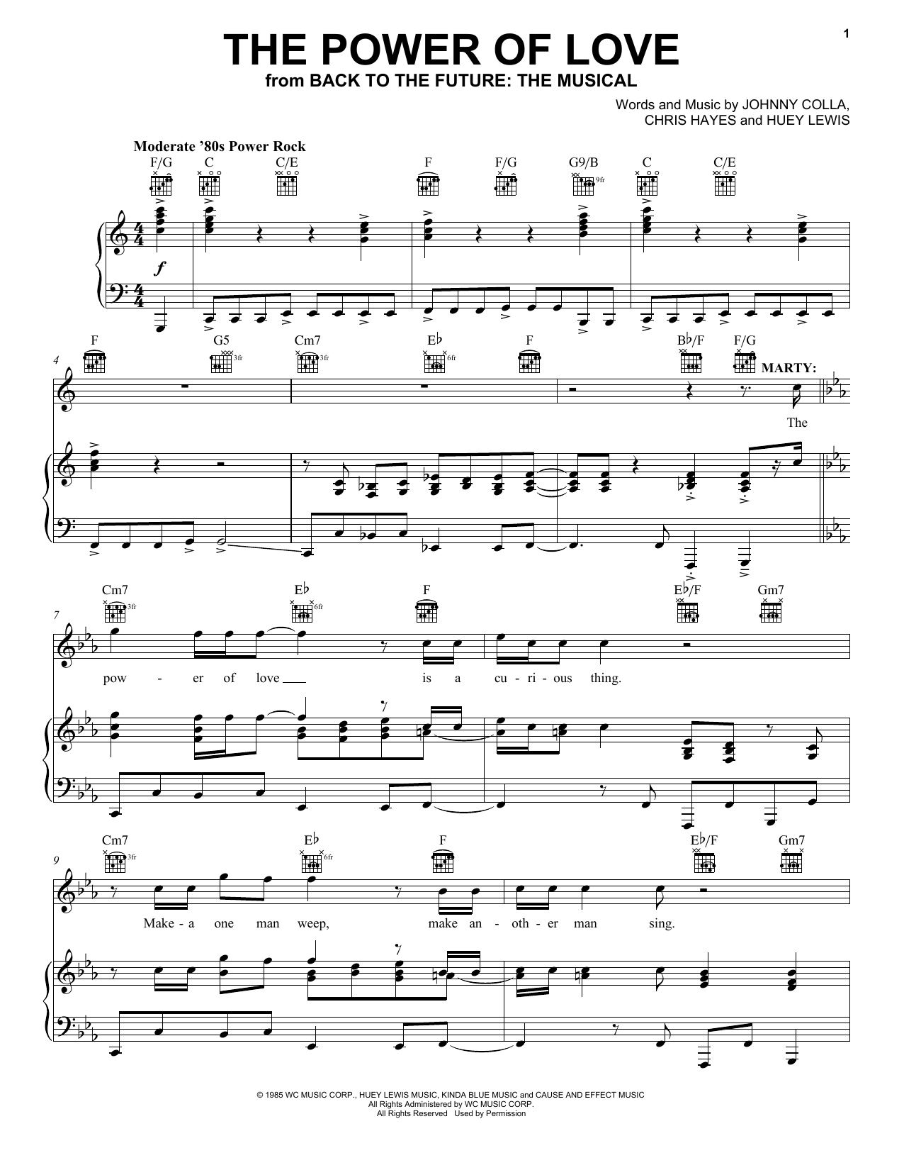 Huey Lewis & The News The Power Of Love (from Back To The Future: The Musical) sheet music notes and chords arranged for Piano, Vocal & Guitar Chords (Right-Hand Melody)