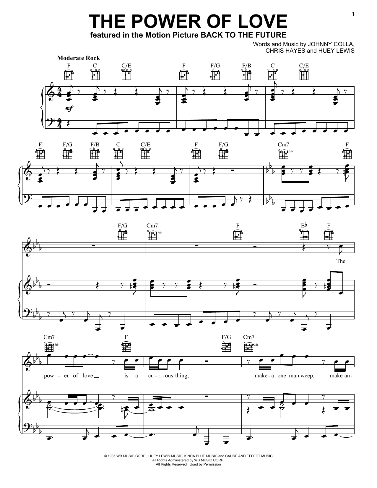 Huey Lewis & The News The Power Of Love sheet music notes and chords arranged for Easy Piano