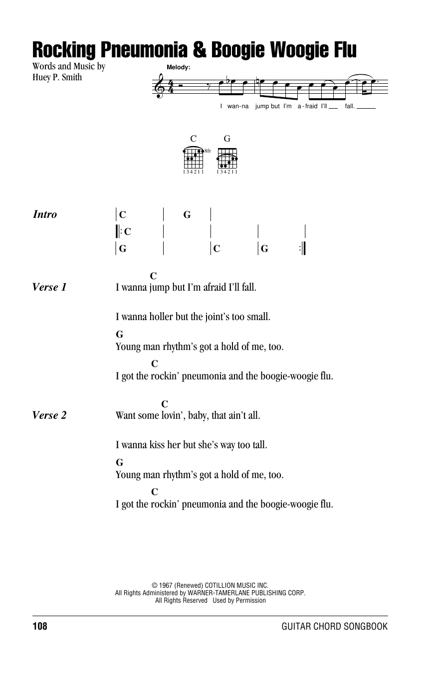 Huey P. Smith Rocking Pneumonia & Boogie Woogie Flu sheet music notes and chords arranged for Guitar Chords/Lyrics