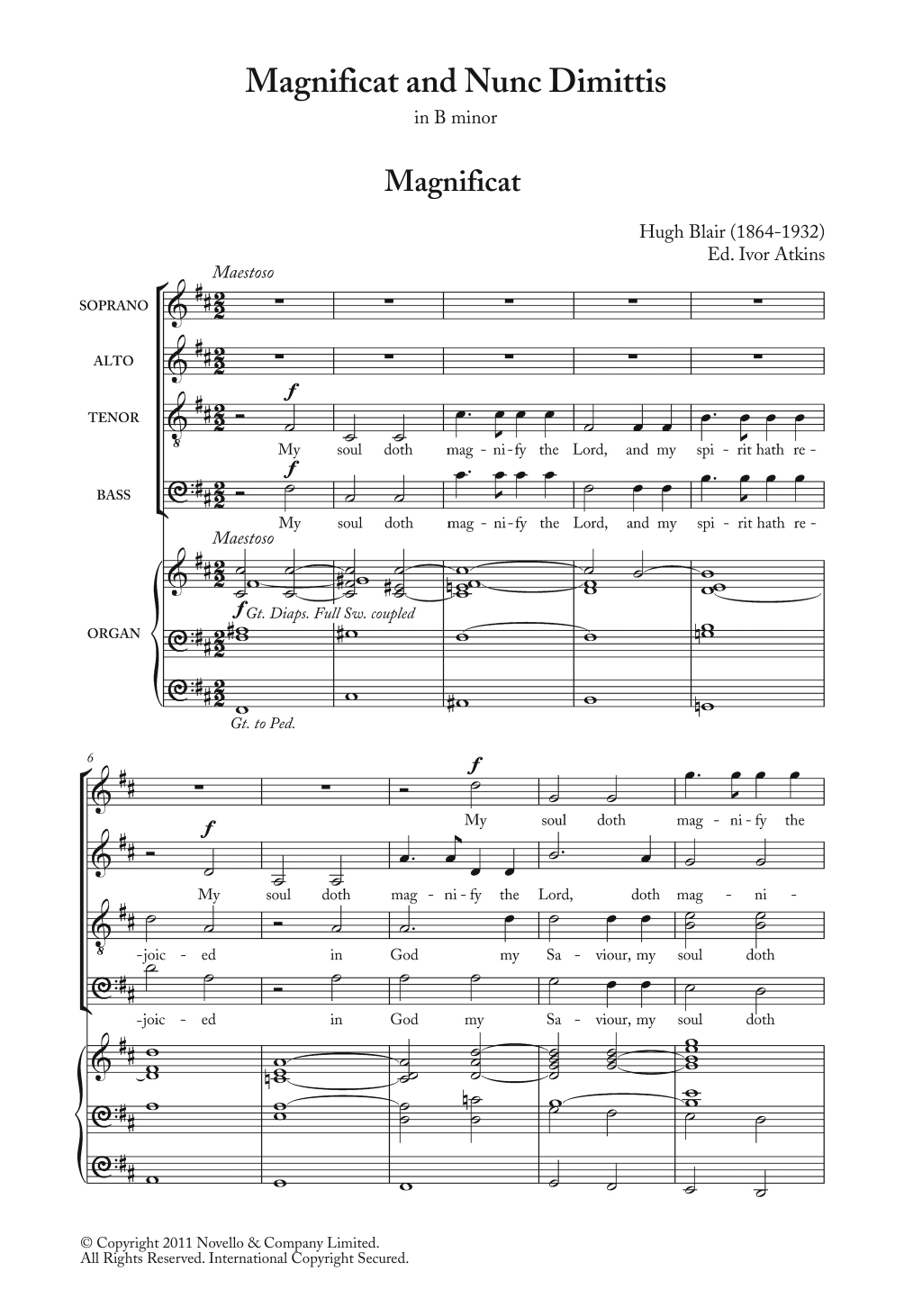 Hugh Blair Magnificat And Nunc Dimittis In B Minor sheet music notes and chords arranged for Piano, Vocal & Guitar Chords