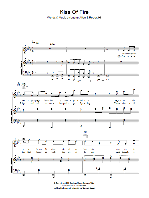 Hugh Laurie Kiss Of Fire sheet music notes and chords arranged for Piano, Vocal & Guitar Chords