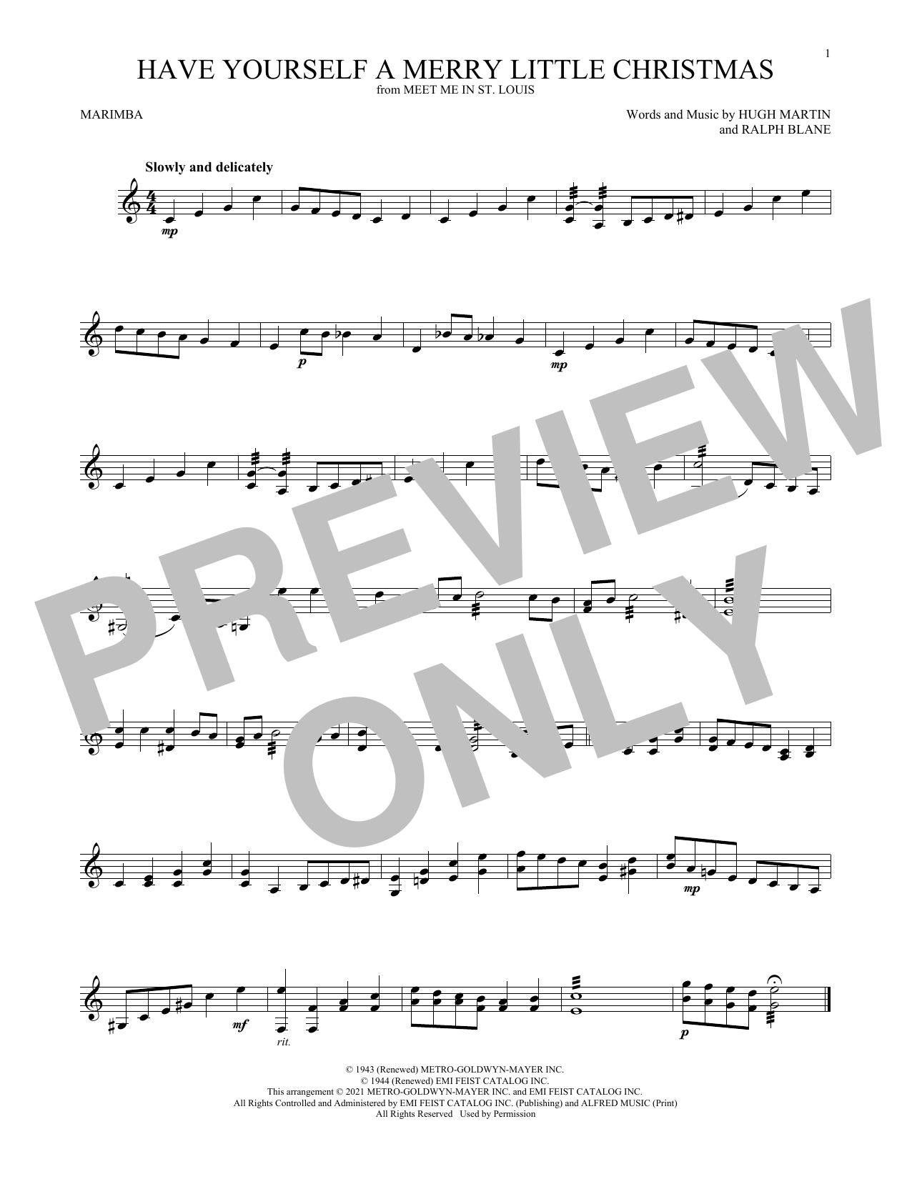 Hugh Martin and Ralph Blane Have Yourself A Merry Little Christmas sheet music notes and chords arranged for Marimba Solo