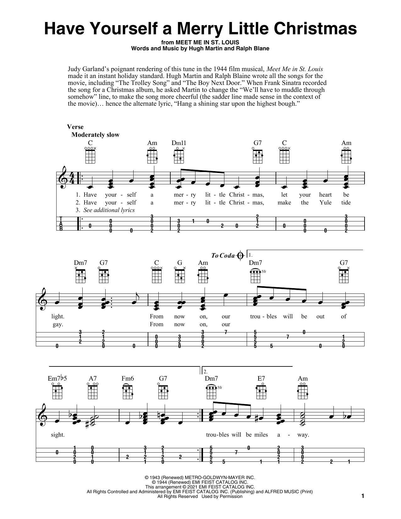 Hugh Martin Have Yourself A Merry Little Christmas (arr. Fred Sokolow) sheet music notes and chords arranged for Ukulele