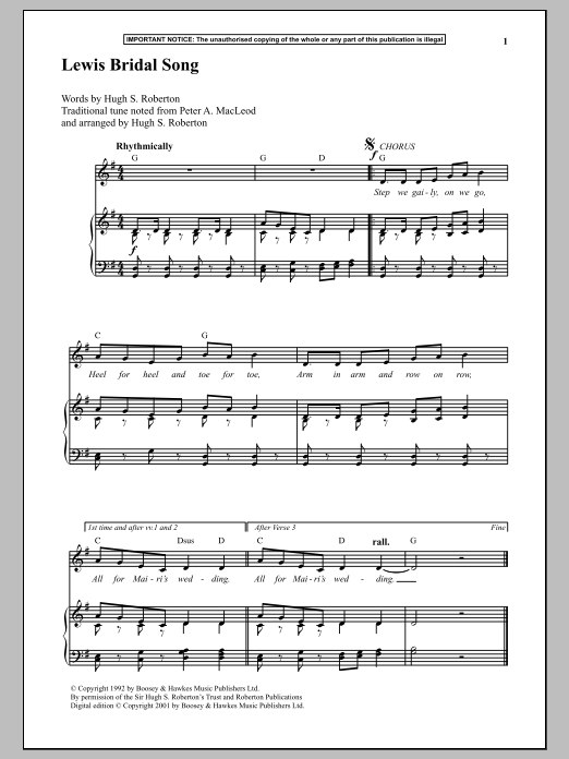 Hugh S. Roberton Lewis Bridal Song sheet music notes and chords arranged for Piano & Vocal