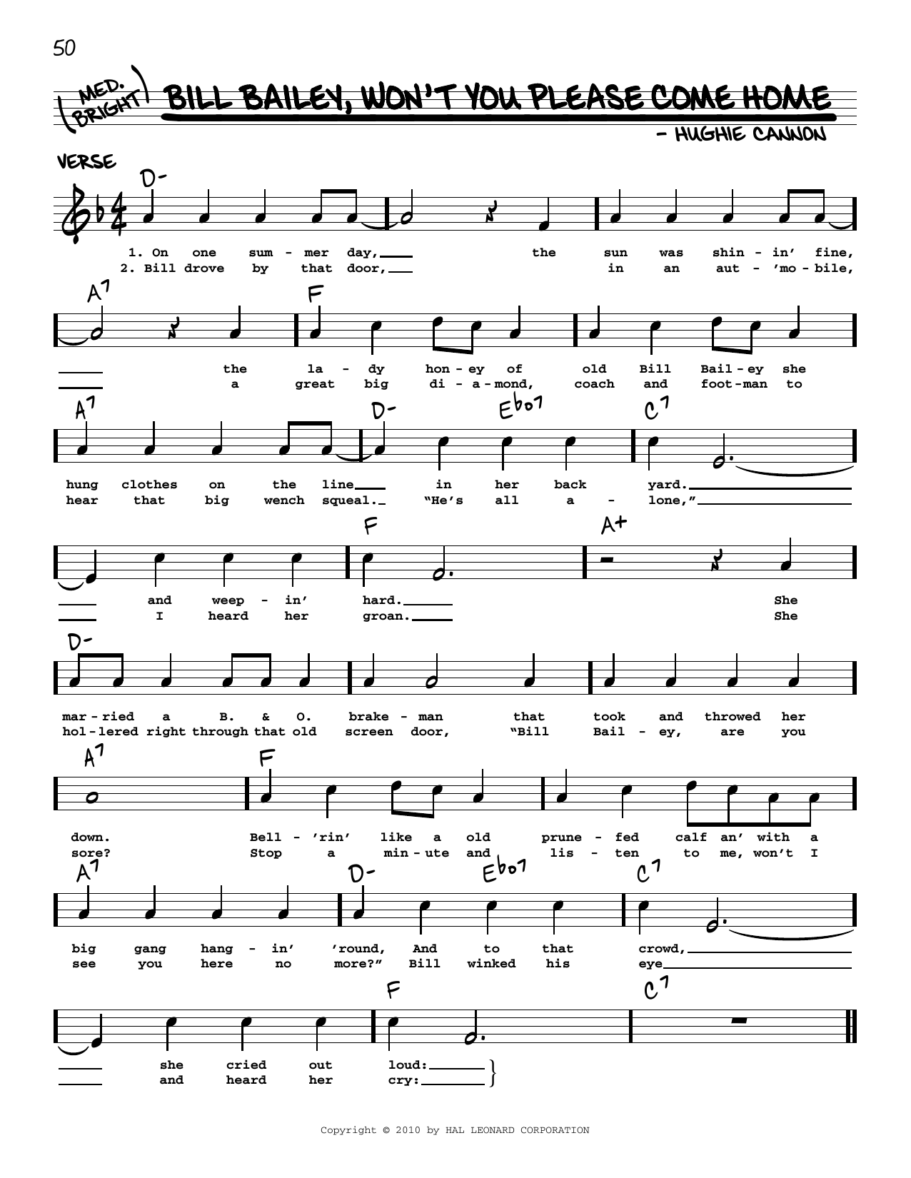 Hughie Cannon Bill Bailey, Won't You Please Come Home (arr. Robert Rawlins) sheet music notes and chords arranged for Real Book – Melody, Lyrics & Chords