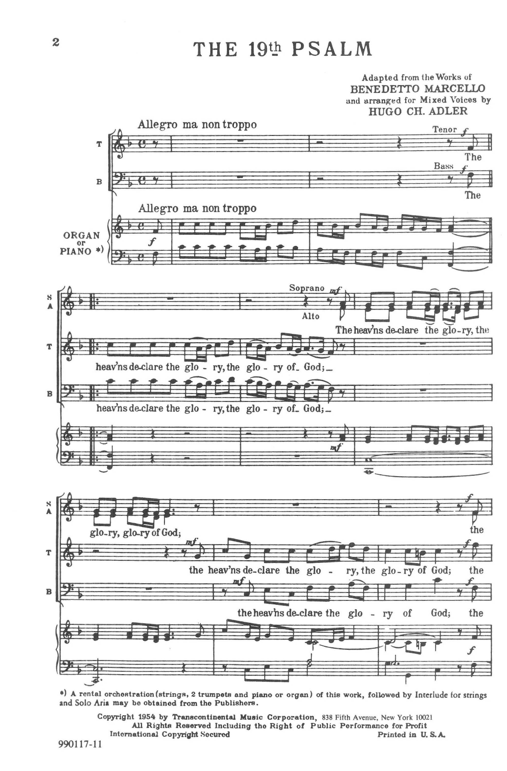 Hugo Adler The 19th Psalm Organ Or Piano sheet music notes and chords arranged for SATB Choir