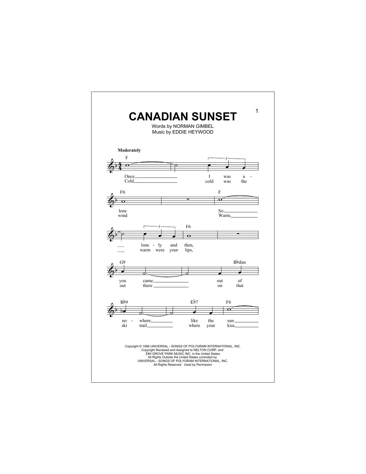 Andy Williams Canadian Sunset sheet music notes and chords arranged for Lead Sheet / Fake Book