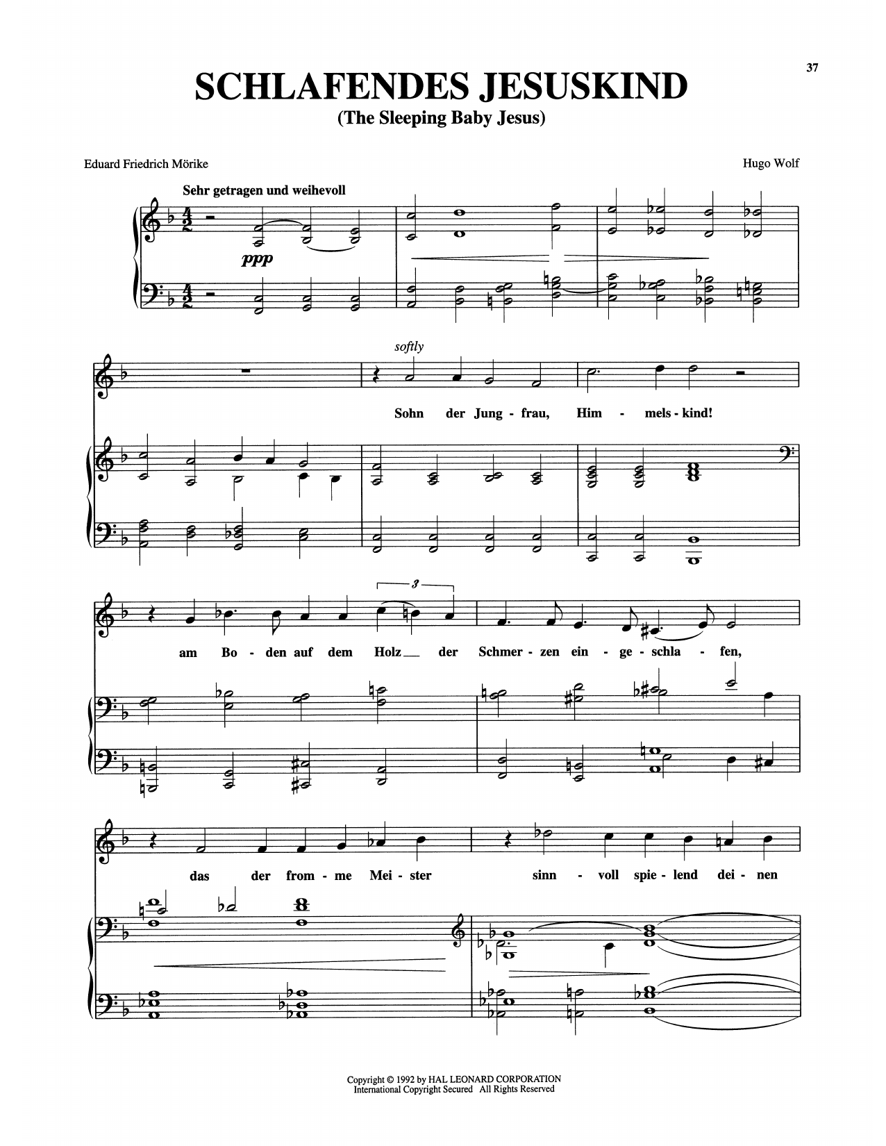 Hugo Wolf Schlafendes Jesuskind sheet music notes and chords arranged for Piano & Vocal