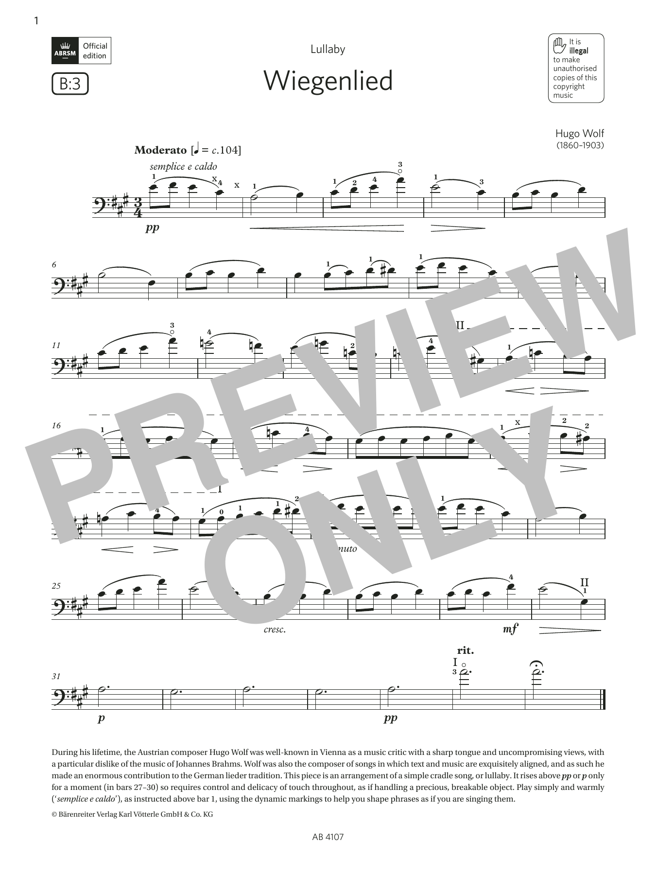 Hugo Wolf Wiegenlied (Grade 4, B3, from the ABRSM Cello Syllabus from 2024) sheet music notes and chords arranged for Cello Solo