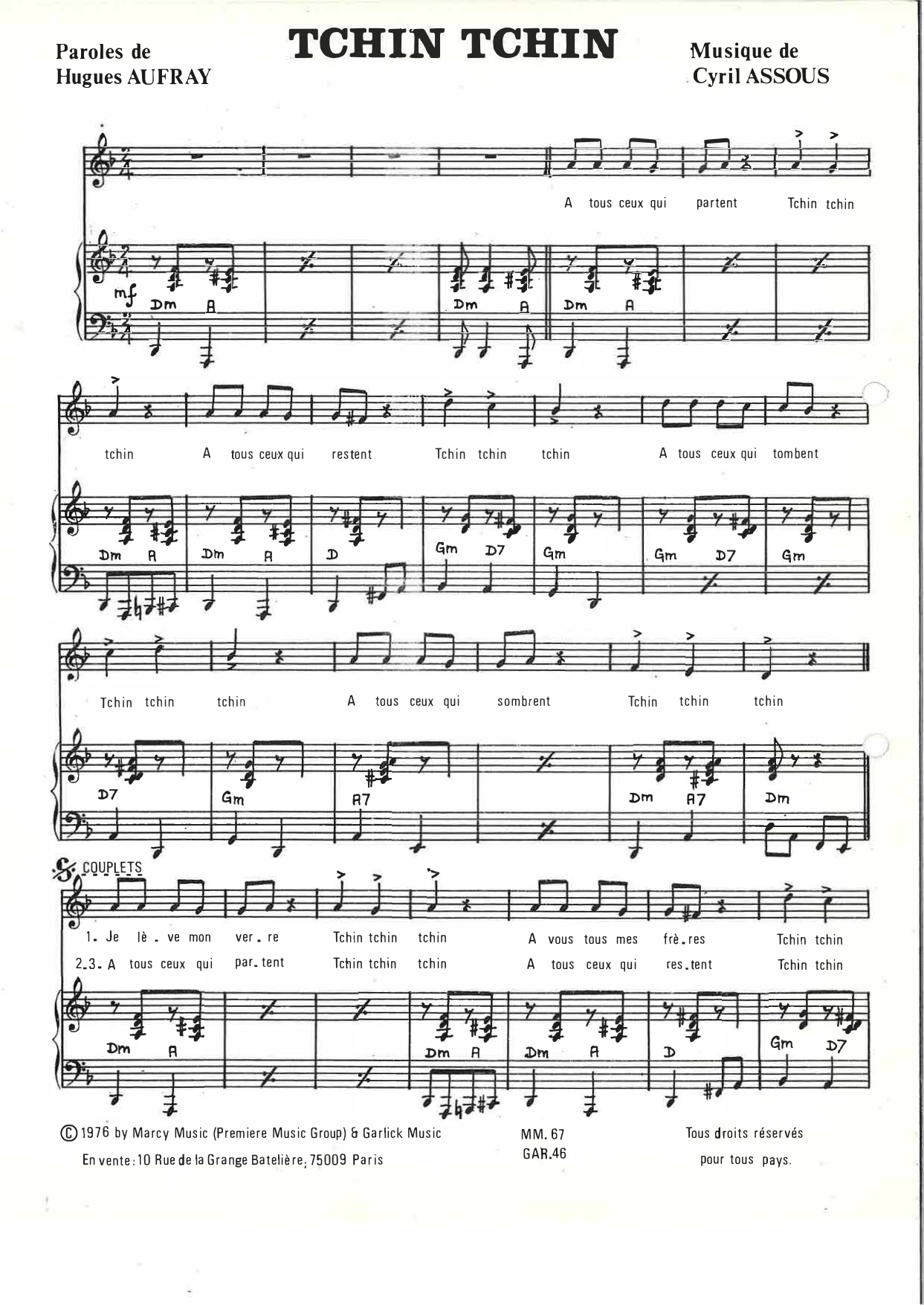 Hugues Aufray Tchin Tchin sheet music notes and chords arranged for Piano & Vocal