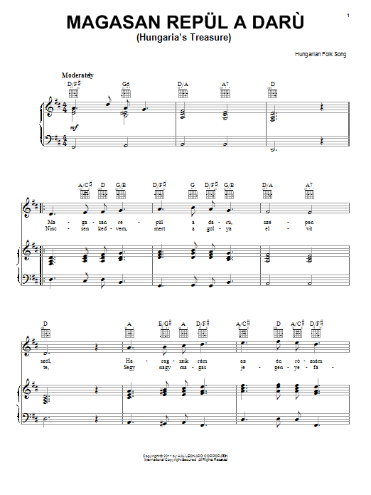 Hungarian Folksong Magasan Repul A Daru (Hungaria's Treasure) sheet music notes and chords arranged for Piano, Vocal & Guitar Chords (Right-Hand Melody)