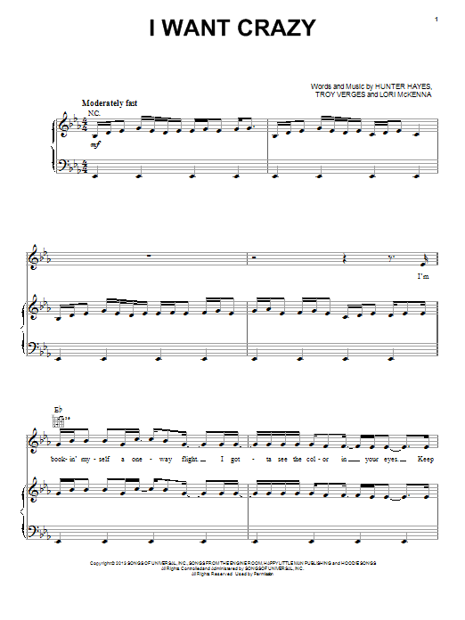 Hunter Hayes I Want Crazy sheet music notes and chords arranged for Piano, Vocal & Guitar Chords (Right-Hand Melody)