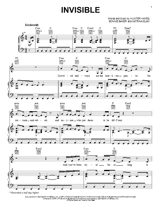 Hunter Hayes Invisible sheet music notes and chords arranged for Piano, Vocal & Guitar Chords (Right-Hand Melody)