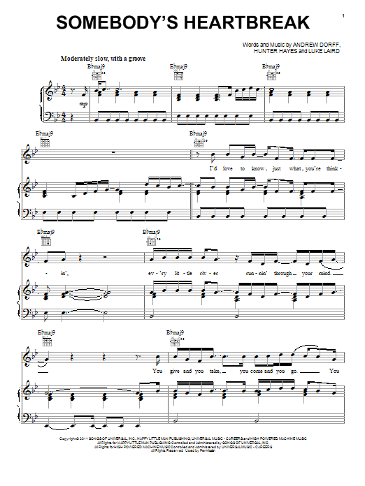 Hunter Hayes Somebody's Heartbreak sheet music notes and chords arranged for Piano, Vocal & Guitar Chords (Right-Hand Melody)