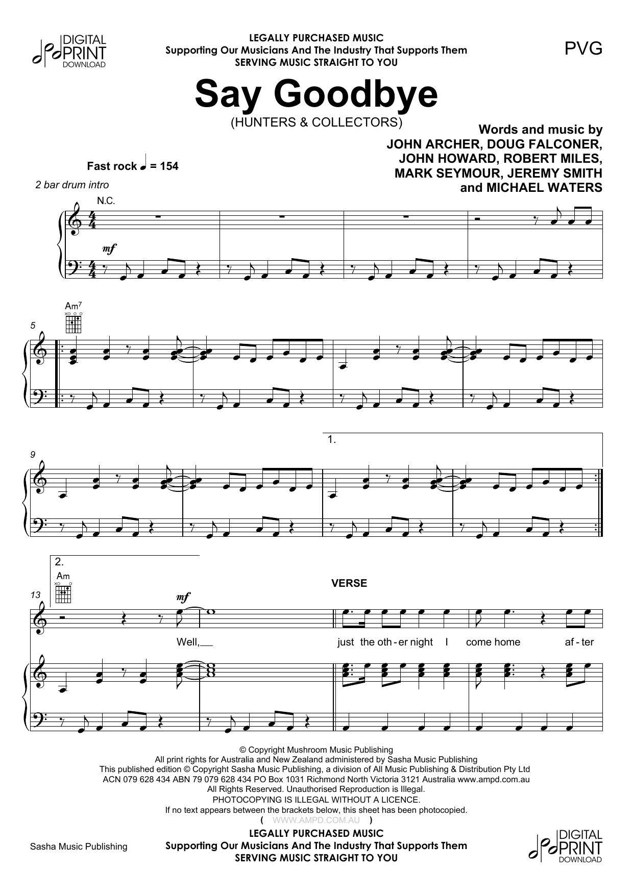 Hunters & Collectors Say Goodbye sheet music notes and chords arranged for Piano, Vocal & Guitar Chords (Right-Hand Melody)
