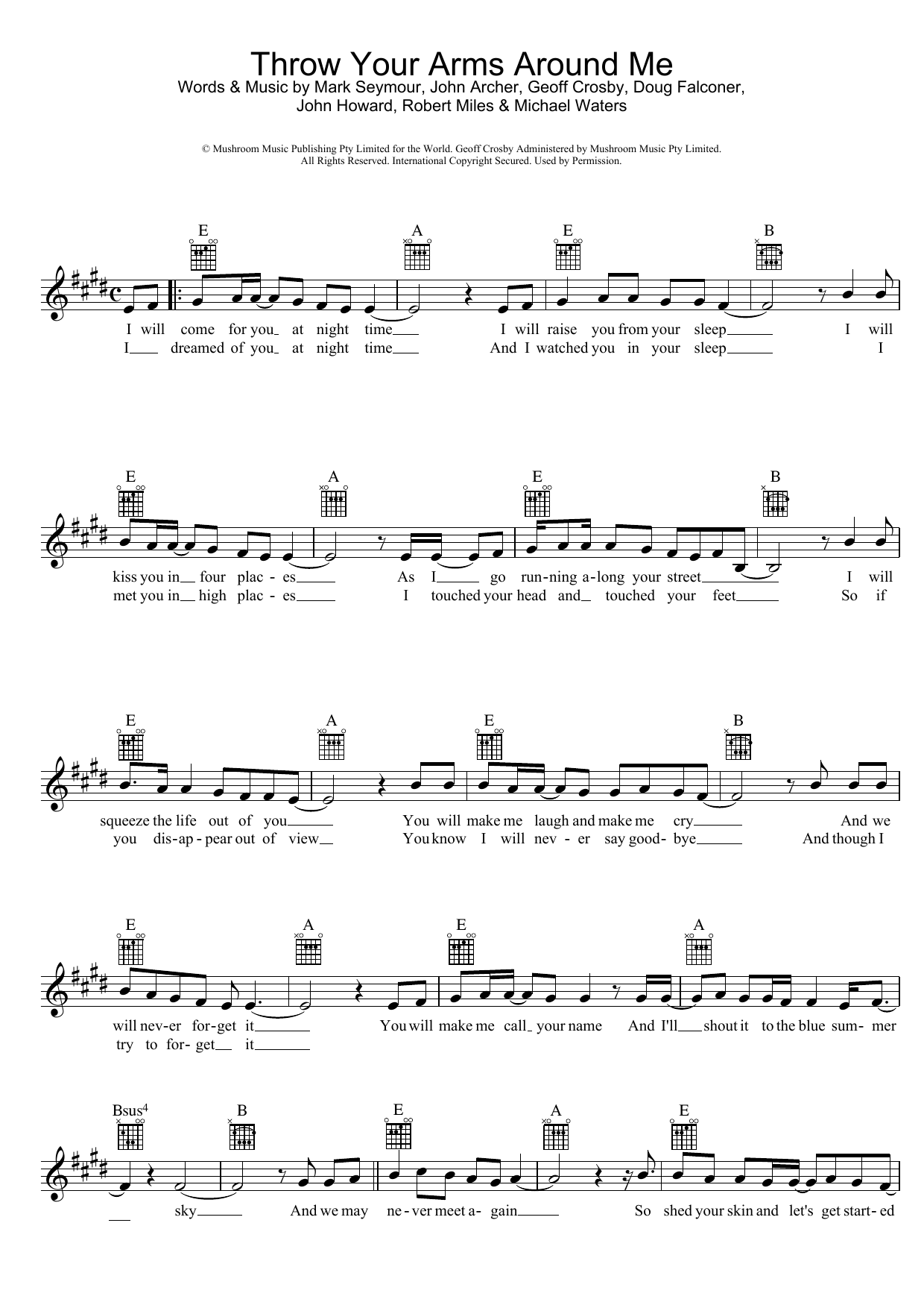 Hunters & Collectors Throw Your Arms Around Me sheet music notes and chords arranged for Piano, Vocal & Guitar Chords (Right-Hand Melody)