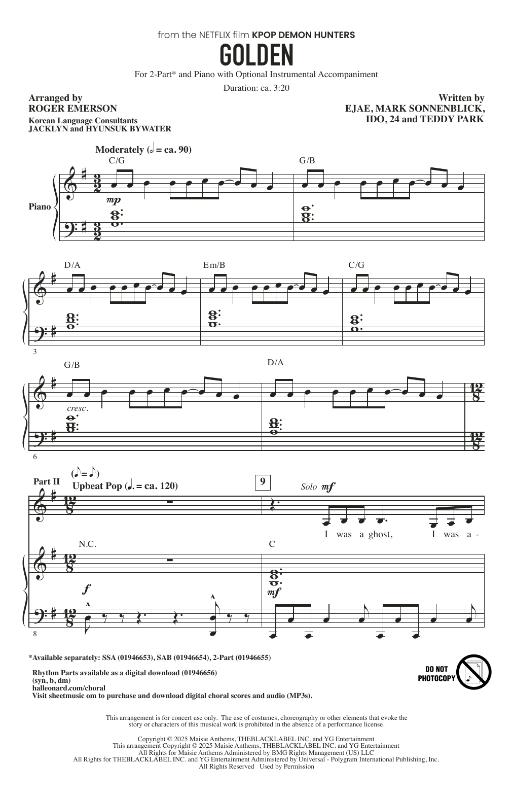 Huntr/x (Ejae, Audrey Nuna and Rei Ami) Golden (from KPop Demon Hunters) (arr. Roger Emerson) sheet music notes and chords arranged for SAB Choir