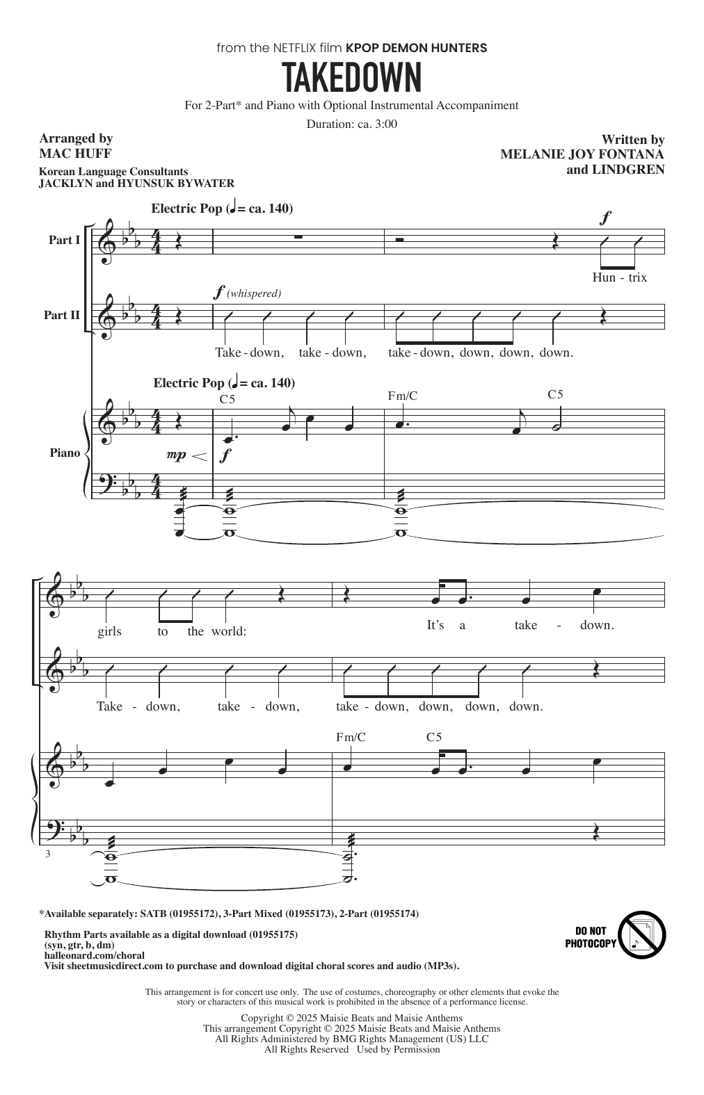 Huntr/x (Ejae, Audrey Nuna and Rei Ami) Takedown (from KPop Demon Hunters) (arr. Mac Huff) sheet music notes and chords arranged for SATB Choir