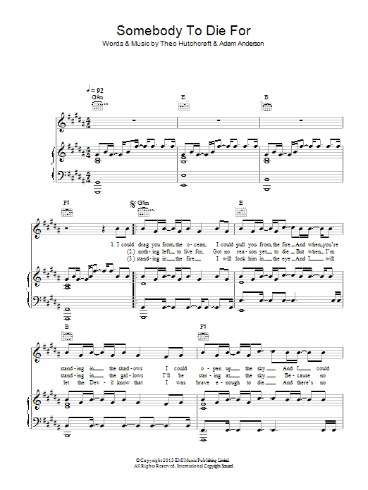 Hurts Somebody To Die For sheet music notes and chords arranged for Piano, Vocal & Guitar Chords