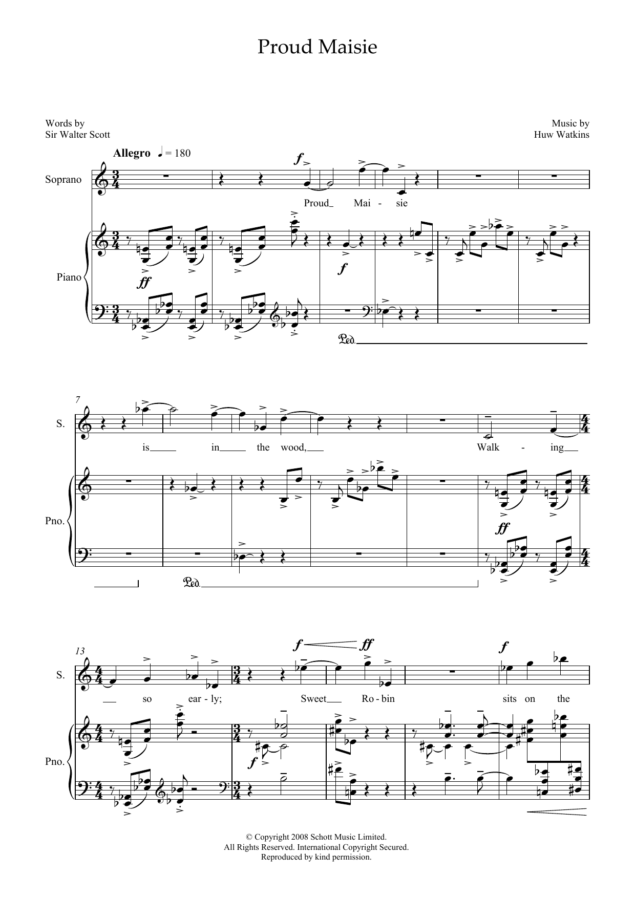 Huw Watkins Proud Maisie (for soprano and piano) sheet music notes and chords arranged for Piano & Vocal