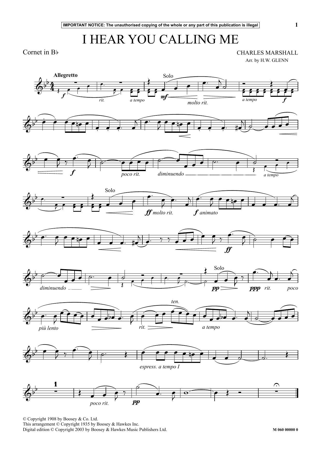 H.W. Glenn I Hear You Calling Me sheet music notes and chords arranged for Instrumental Solo
