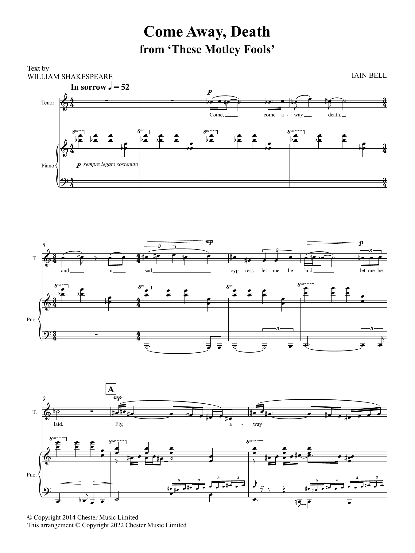 Iain Bell Come Away Death (from These Motley Fools) sheet music notes and chords arranged for Vocal Solo