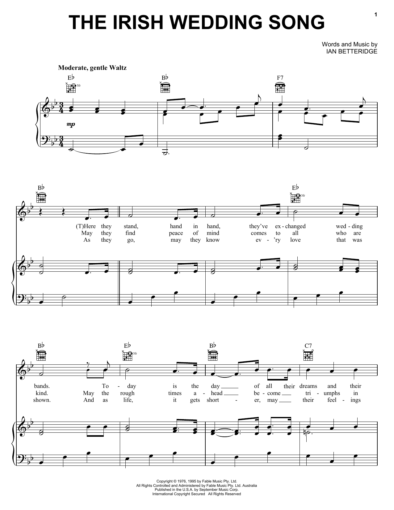 Ian Betteridge The Irish Wedding Song sheet music notes and chords arranged for Piano, Vocal & Guitar Chords (Right-Hand Melody)