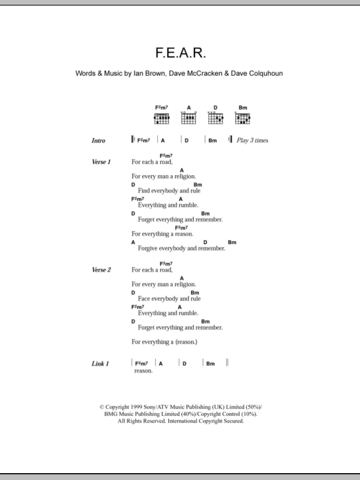 Ian Brown F.E.A.R. sheet music notes and chords arranged for Guitar Chords/Lyrics