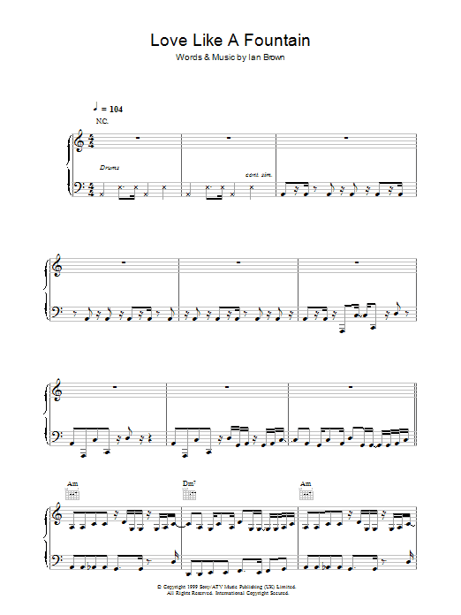 Ian Brown Love Like A Fountain sheet music notes and chords arranged for Piano, Vocal & Guitar Chords