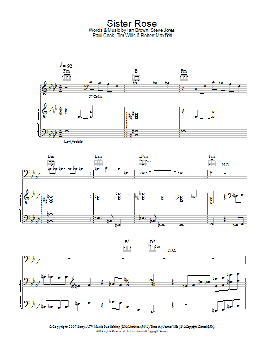 Ian Brown Sister Rose sheet music notes and chords arranged for Piano, Vocal & Guitar Chords