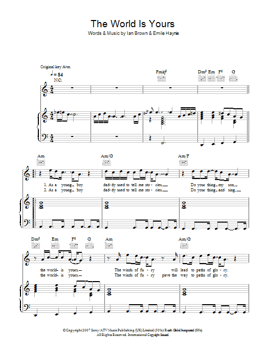 Ian Brown The World Is Yours sheet music notes and chords arranged for Piano, Vocal & Guitar Chords