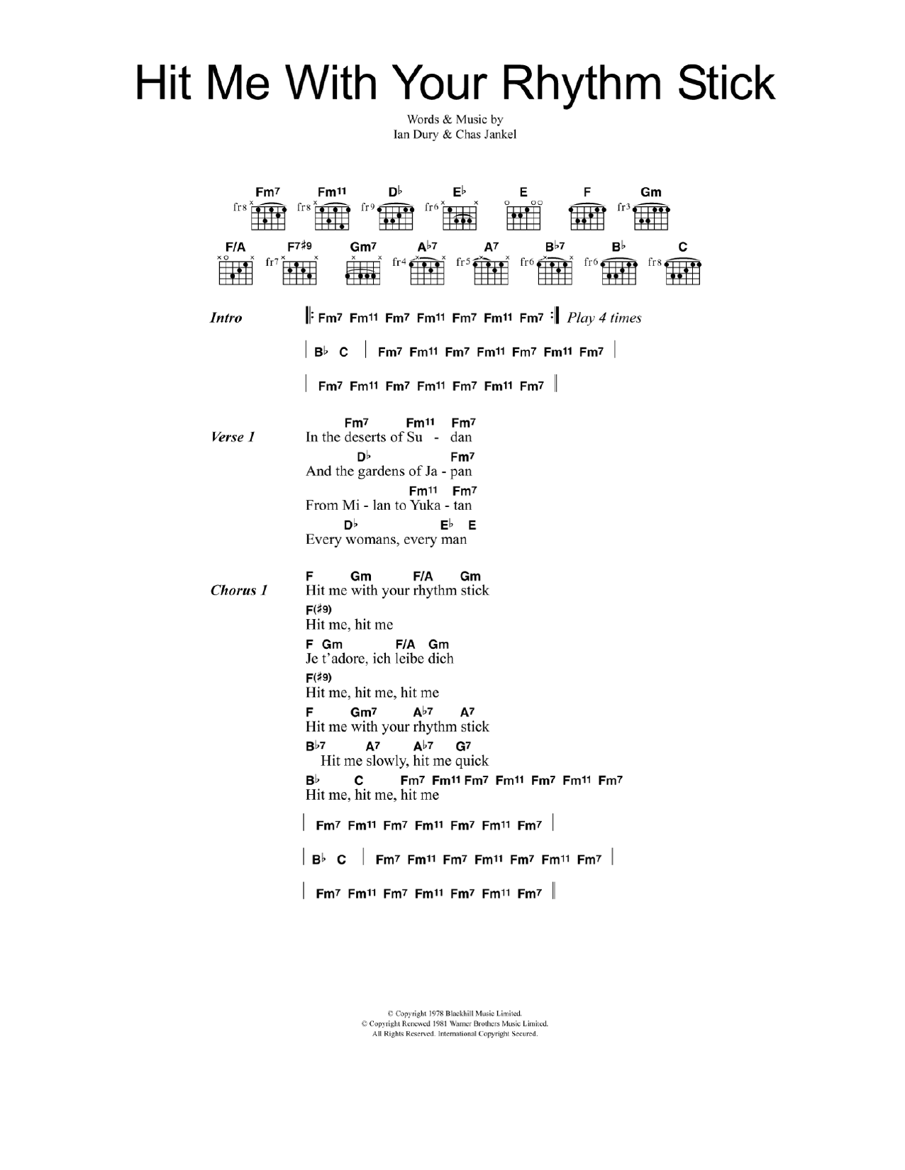 Ian Dury & The Blockheads Hit Me With Your Rhythm Stick sheet music notes and chords arranged for Guitar Chords/Lyrics