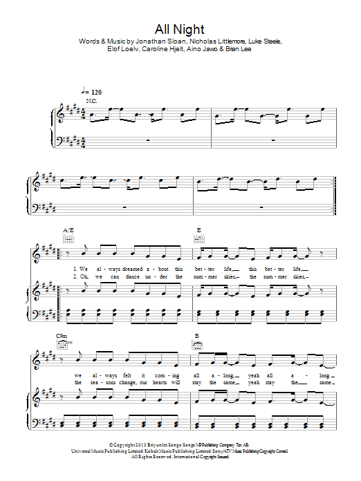 Icona Pop All Night sheet music notes and chords arranged for Piano, Vocal & Guitar Chords