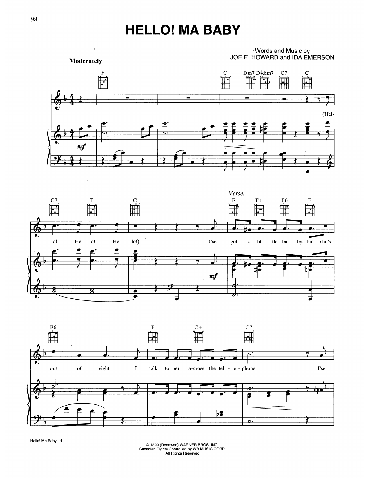 Ida Emerson Hello! Ma Baby sheet music notes and chords arranged for Piano, Vocal & Guitar Chords (Right-Hand Melody)