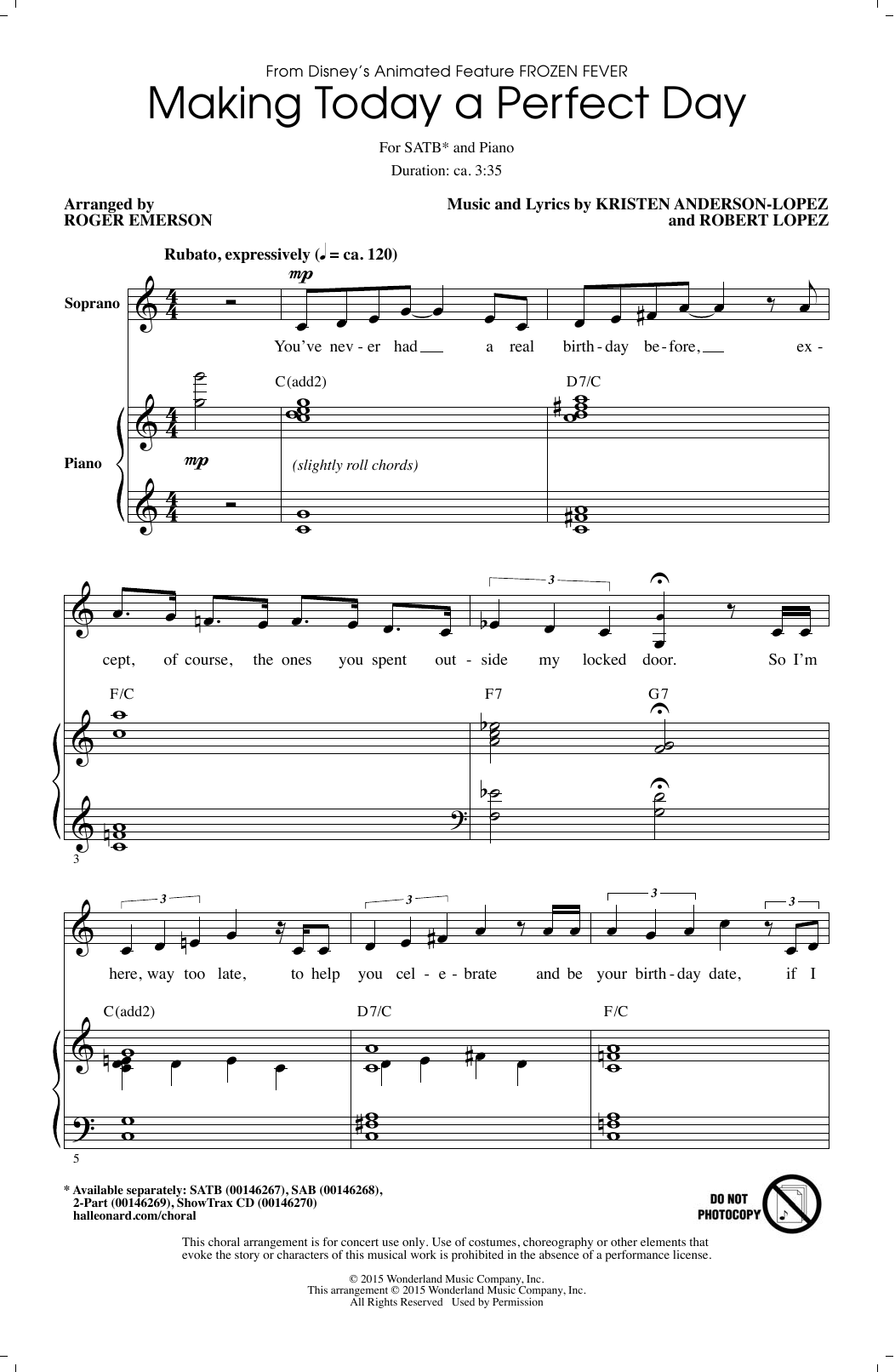Idina Menzel & Kristen Bell and Cast Making Today A Perfect Day (from Frozen Fever) (arr. Roger Emerson) sheet music notes and chords arranged for 2-Part Choir