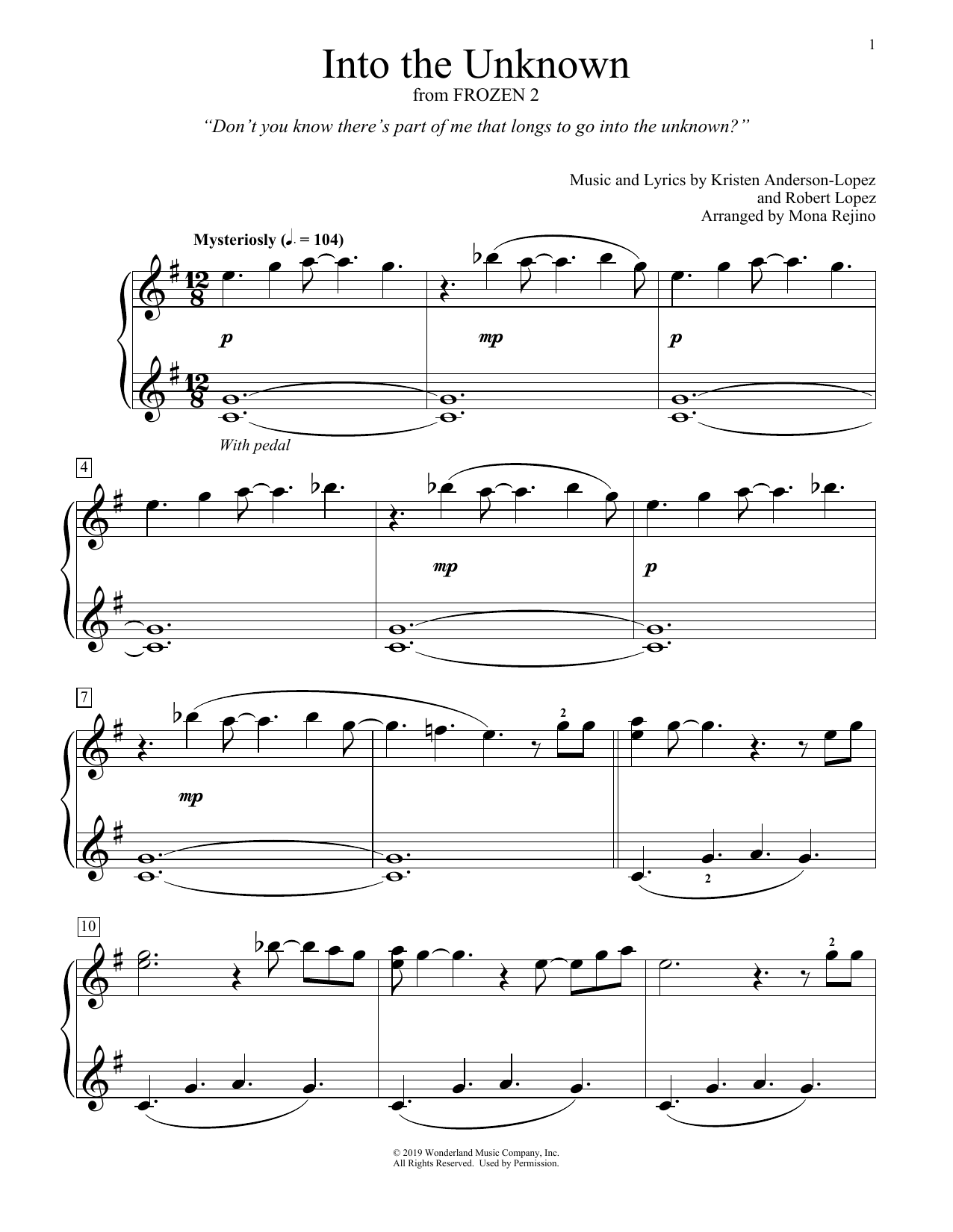 Idina Menzel and AURORA Into The Unknown (from Disney's Frozen 2) (arr. Mona Rejino) sheet music notes and chords arranged for Educational Piano
