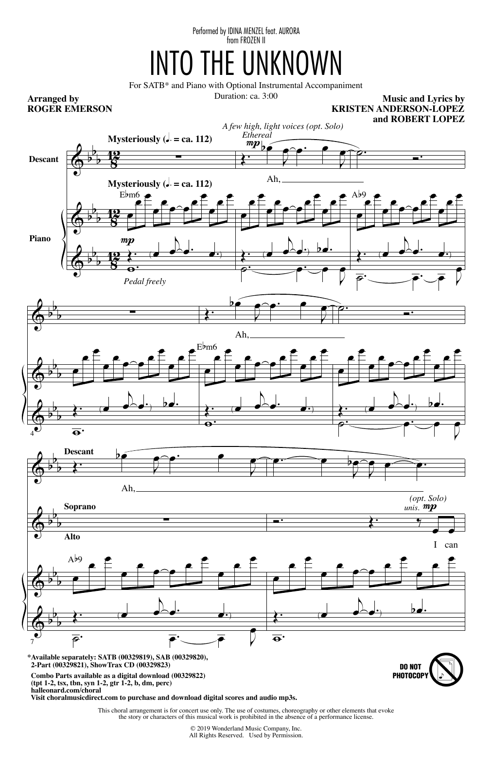 Idina Menzel and AURORA Into The Unknown (from Disney's Frozen 2) (arr. Roger Emerson) sheet music notes and chords arranged for SSA Choir