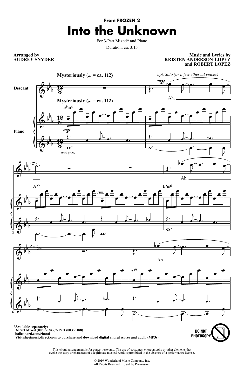 Idina Menzel and AURORA Into The Unknown (from Frozen 2) (arr. Audrey Snyder) sheet music notes and chords arranged for 2-Part Choir