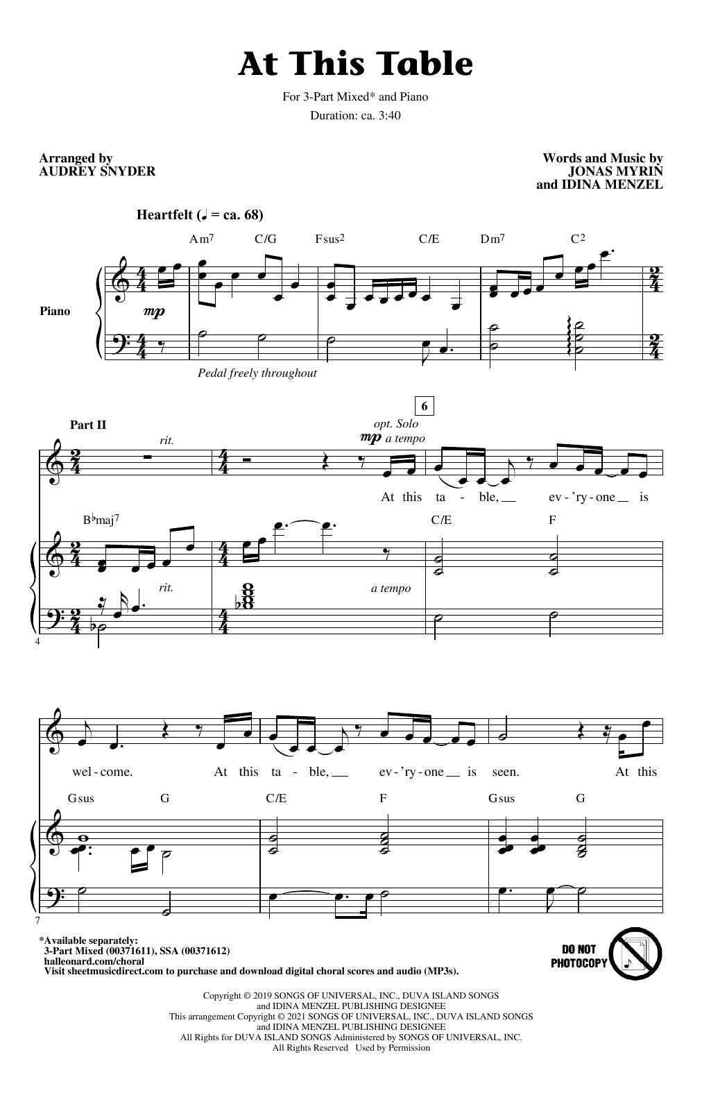 Idina Menzel At This Table (arr. Audrey Snyder) sheet music notes and chords arranged for 3-Part Mixed Choir