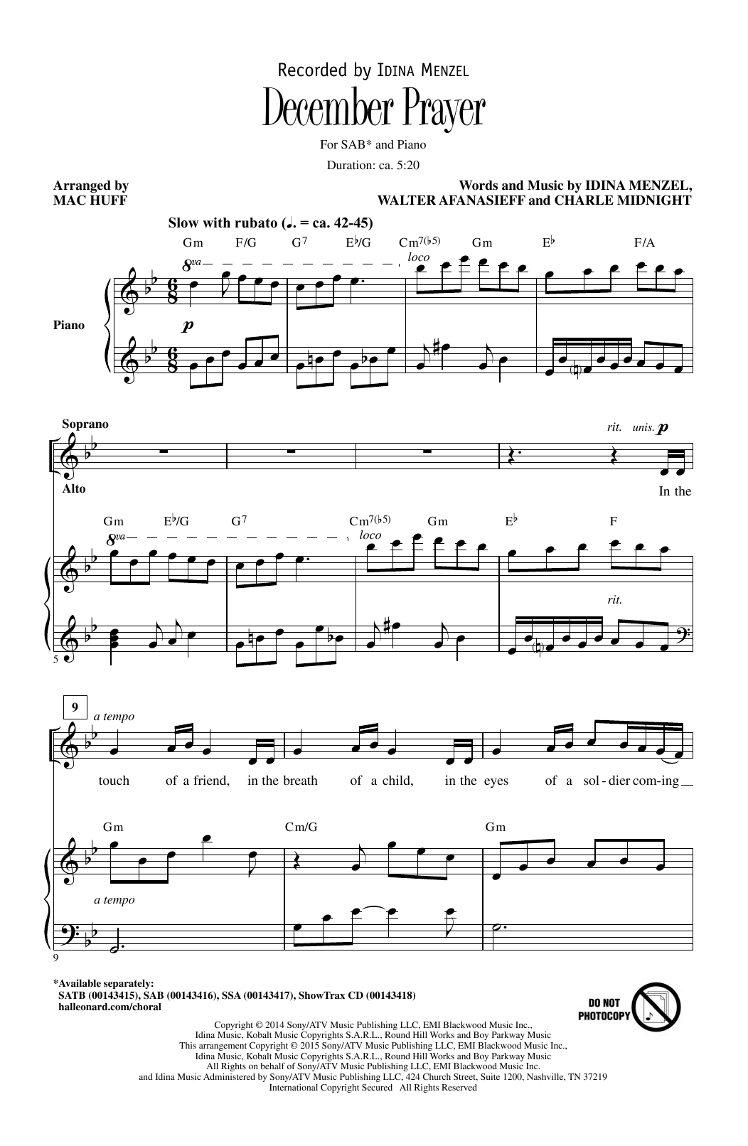 Idina Menzel December Prayer (arr. Mac Huff) sheet music notes and chords arranged for SAB Choir