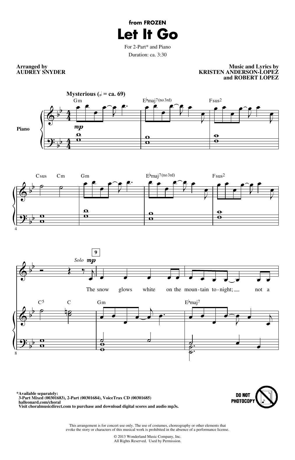 Idina Menzel Let It Go (from Frozen) (arr. Audrey Snyder) sheet music notes and chords arranged for 2-Part Choir