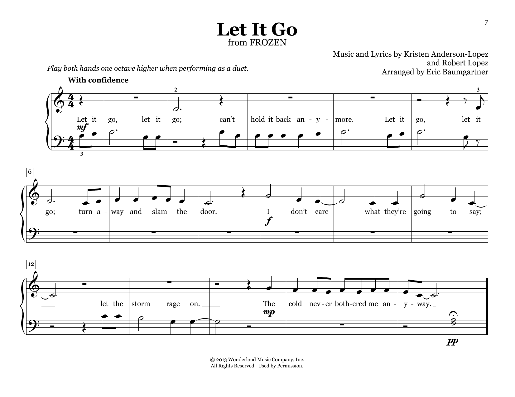 Idina Menzel Let It Go (from Frozen) (arr. Eric Baumgartner) sheet music notes and chords arranged for Piano Duet