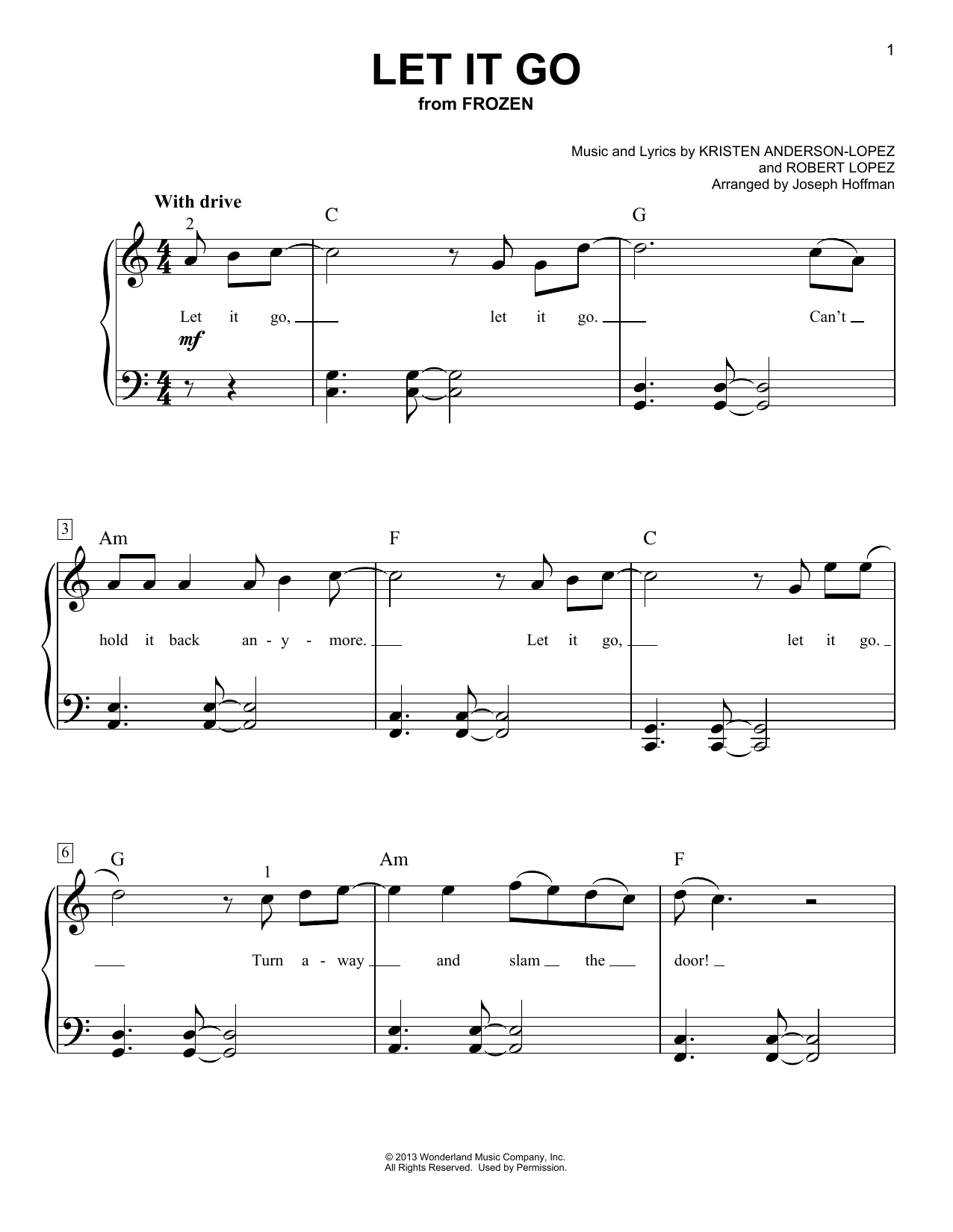 Idina Menzel Let It Go (from Frozen) (arr. Joseph Hoffman) sheet music notes and chords arranged for Easy Piano