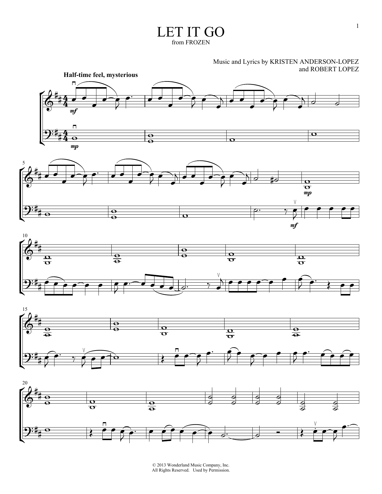 Idina Menzel Let It Go (from Frozen) (arr. Michelle Hynson) sheet music notes and chords arranged for Instrumental Duet