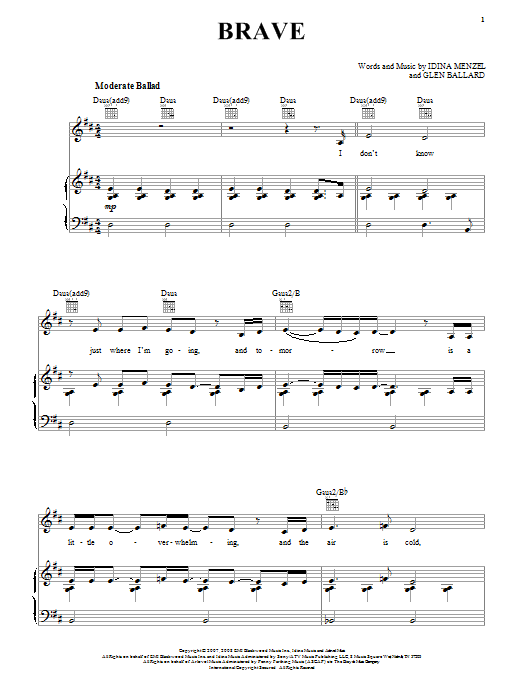 Idina Menzel Brave sheet music notes and chords arranged for Piano, Vocal & Guitar Chords (Right-Hand Melody)